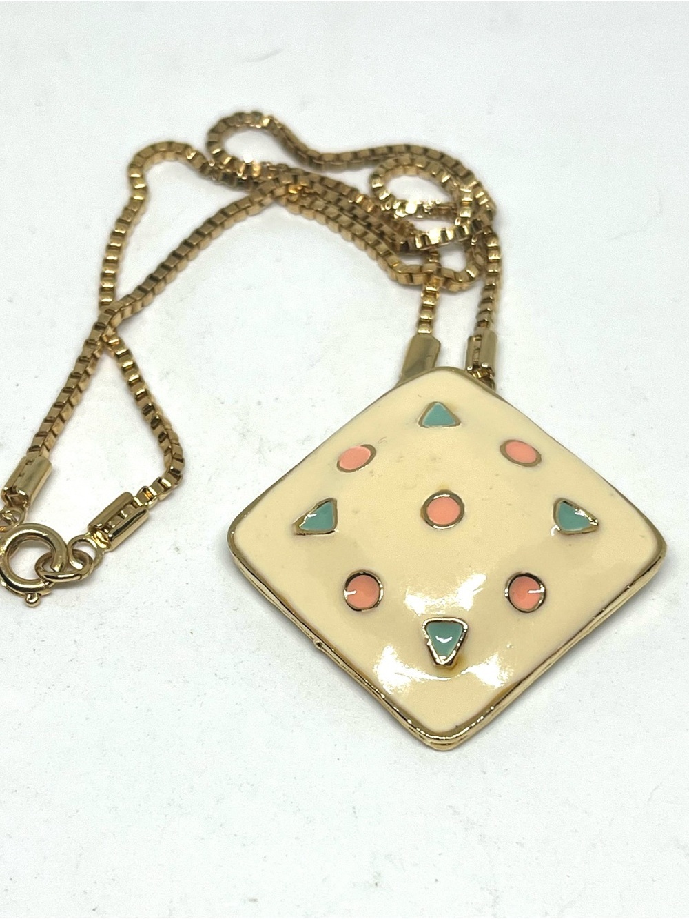 Vintage Cream Enamel Pendant Necklace with Pink & Turquoise Accents